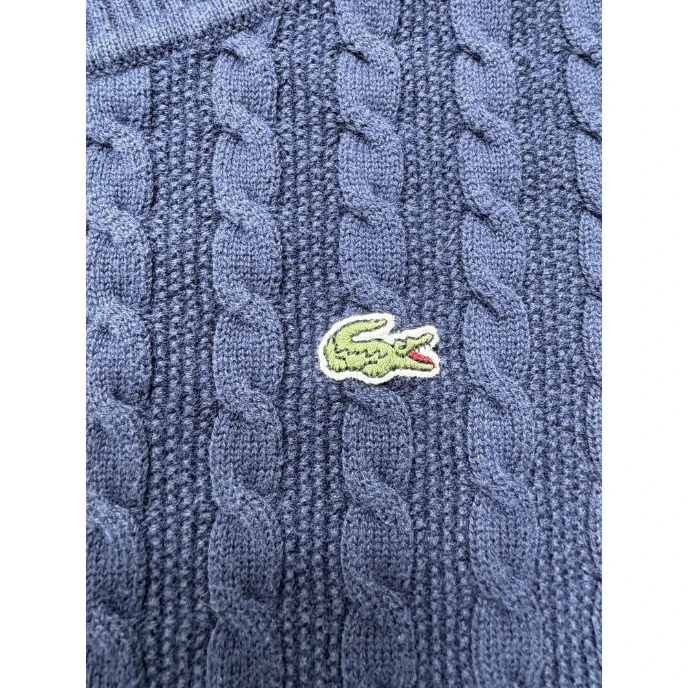 Lacoste Sweater Womens 44 Blue 100% Cotton Cable Knit Logo Button Cuff Pullover